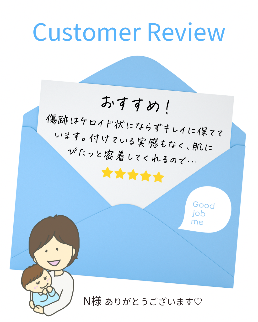 Good job meを使用したお客様からのレビュー。『貼ってる感がなく快適なのに、しっかり守ってくれる』という実感と、手書きメッセージの画像が添えられた温かい投稿です。