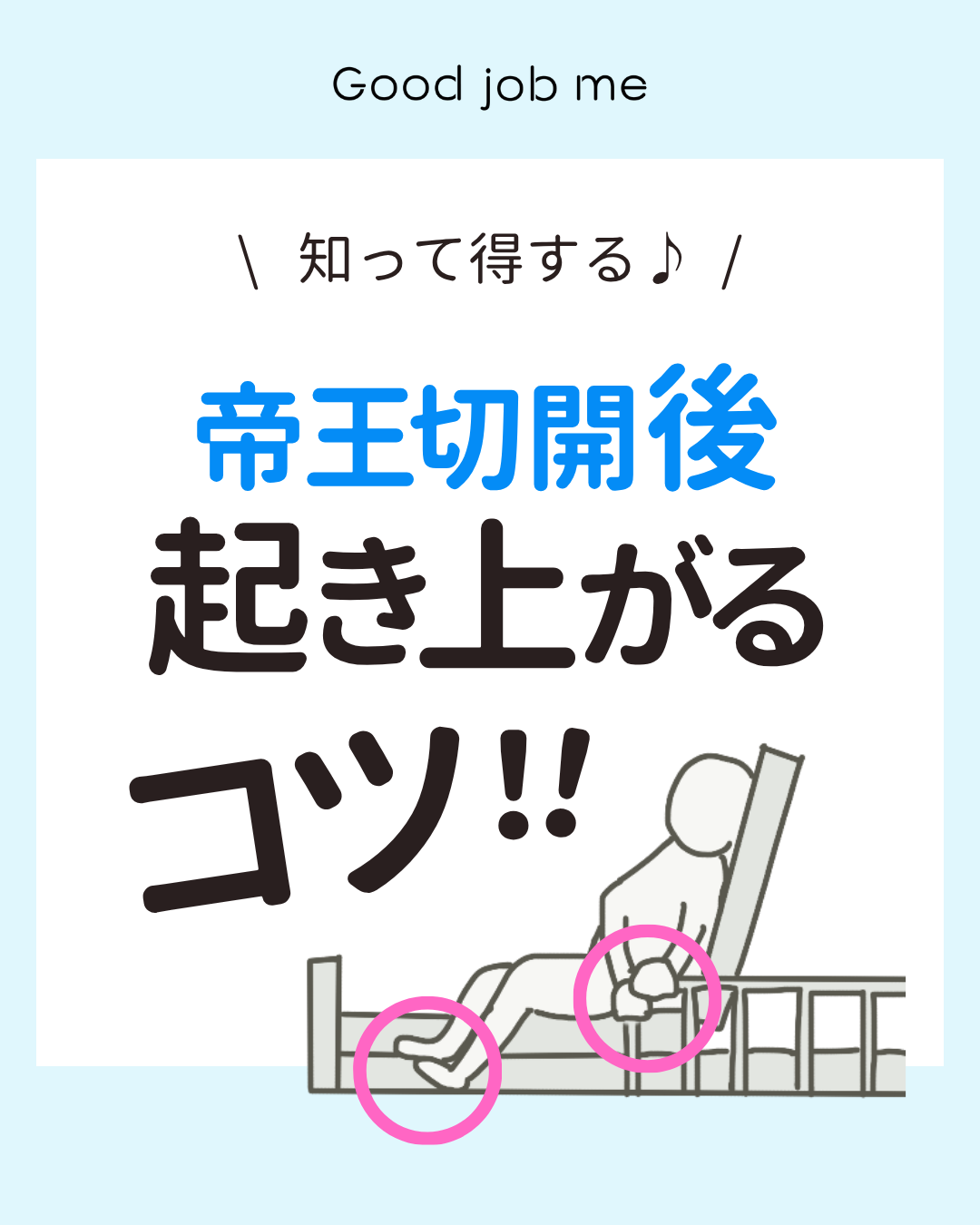 帝王切開後に起き上がるコツを解説する投稿。痛み止めの使い方、ベッド上での体の移動、ベッドから足を下ろす方法、前かがみで立ち上がるコツ、術後すぐ歩く理由をイラスト付きで紹介している。Good job meの帝王切開傷あとケアテープ案内付き。
